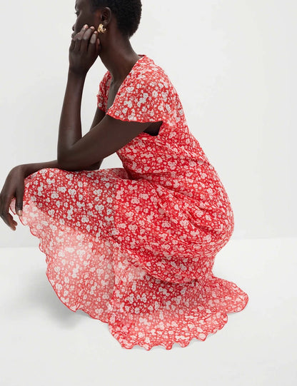 Womens Floral Tea Midi Dress in Red Mix