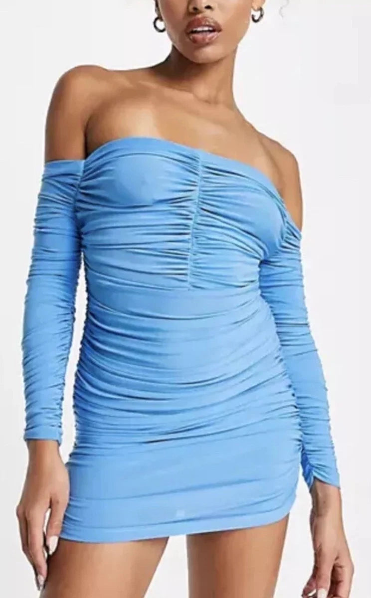Blue Ruched Bodycon Mini Dress