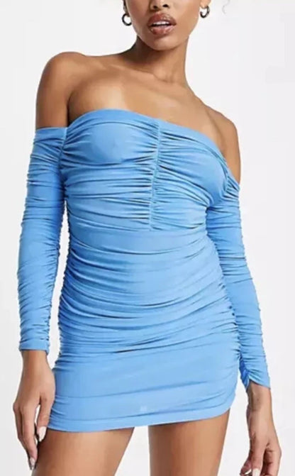 Blue Ruched Bodycon Mini Dress