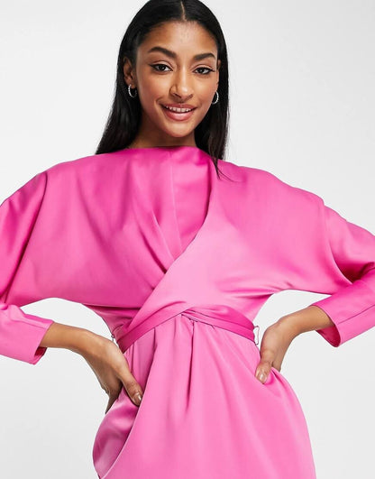 ASOS DESIGN Maxi Dress with Batwing Sleeve and Wrap Waist in Satin in Bright Pink