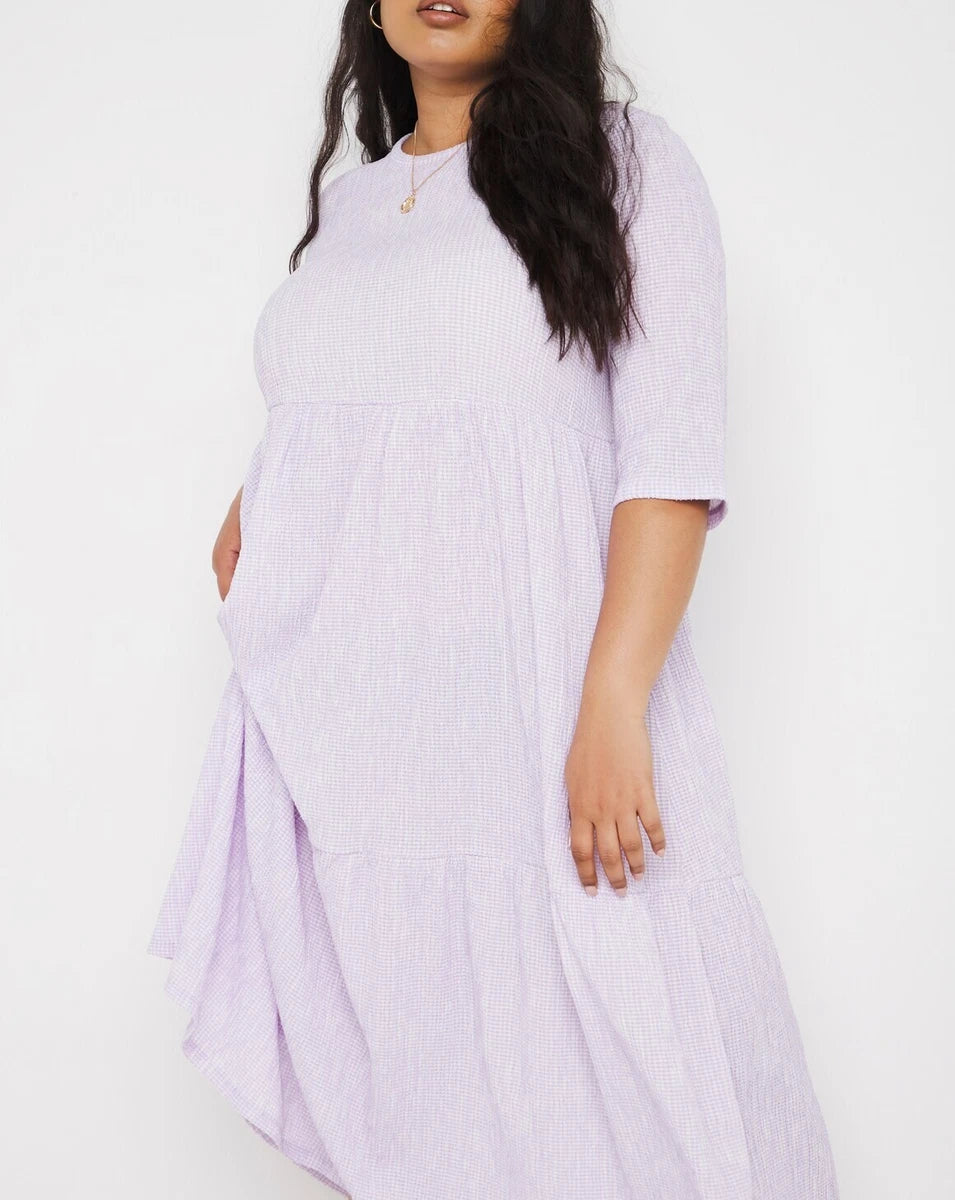 Lilac Gingham Waffle Tiered Midi Dress