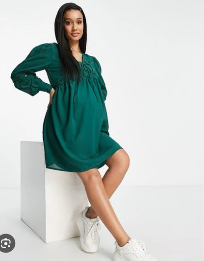 ASOS DESIGN Maternity lace insert mini smock dress in forest green