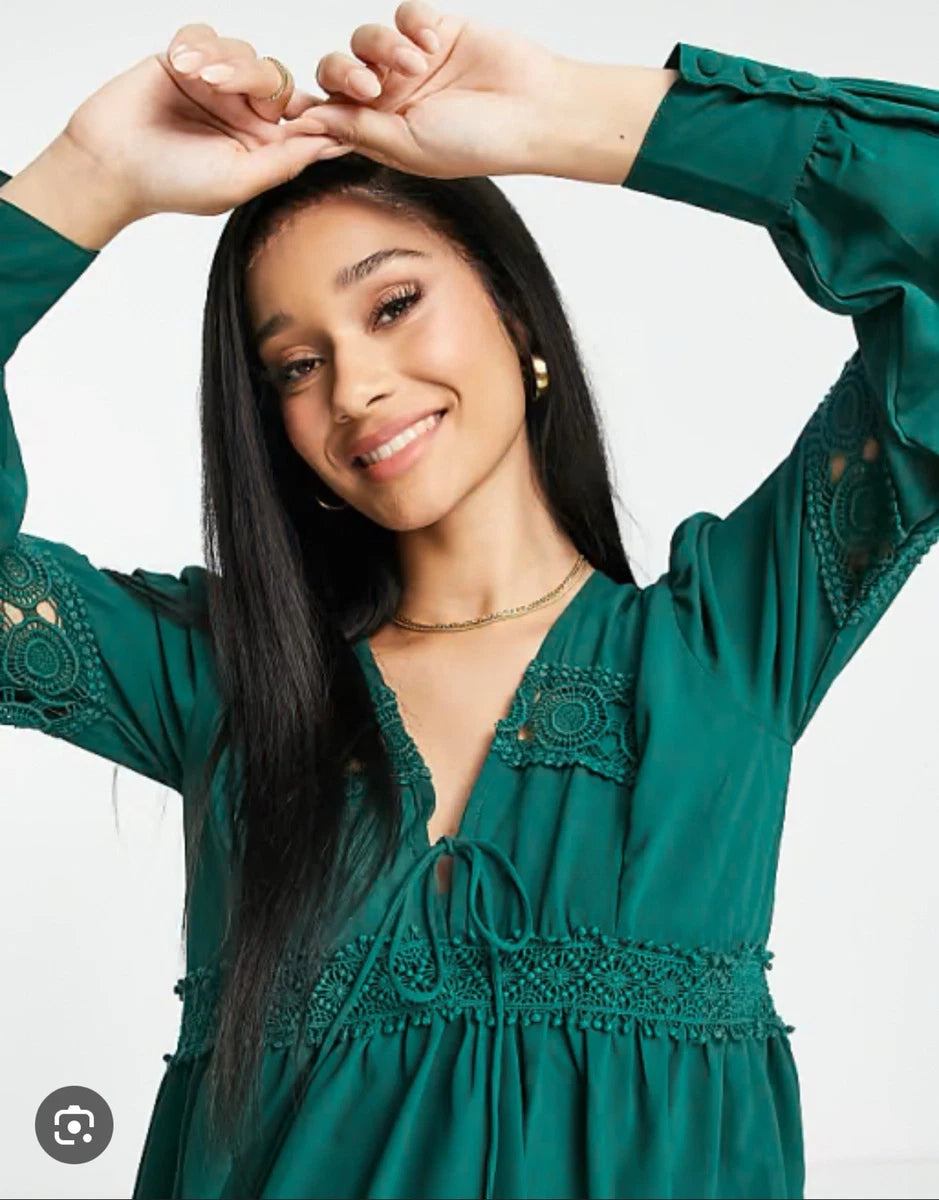 ASOS DESIGN Maternity lace insert mini smock dress in forest green