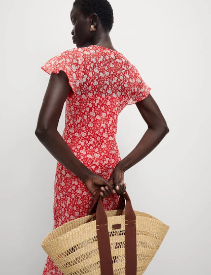 Womens Floral Tea Midi Dress in Red Mix