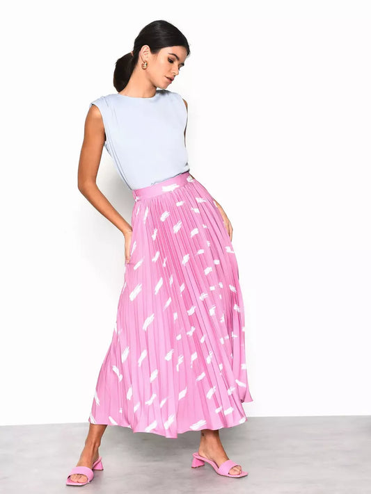 Pink Feather Print Pleated Midi Skirt