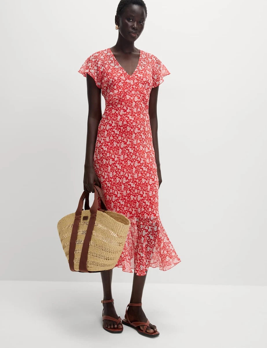 Womens Floral Tea Midi Dress in Red Mix