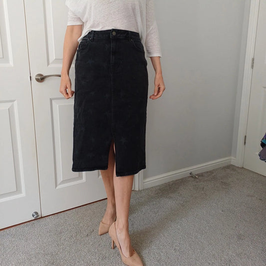 Black Midi Skirt Denim Star Print