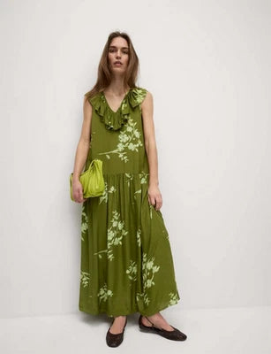 V Neck Frill Detail Midaxi Dress