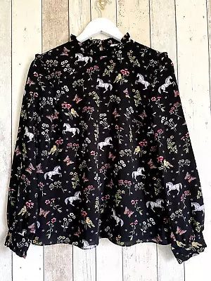 Multi Floral Bird Horse Print High Neck Ruffle Tunic Top