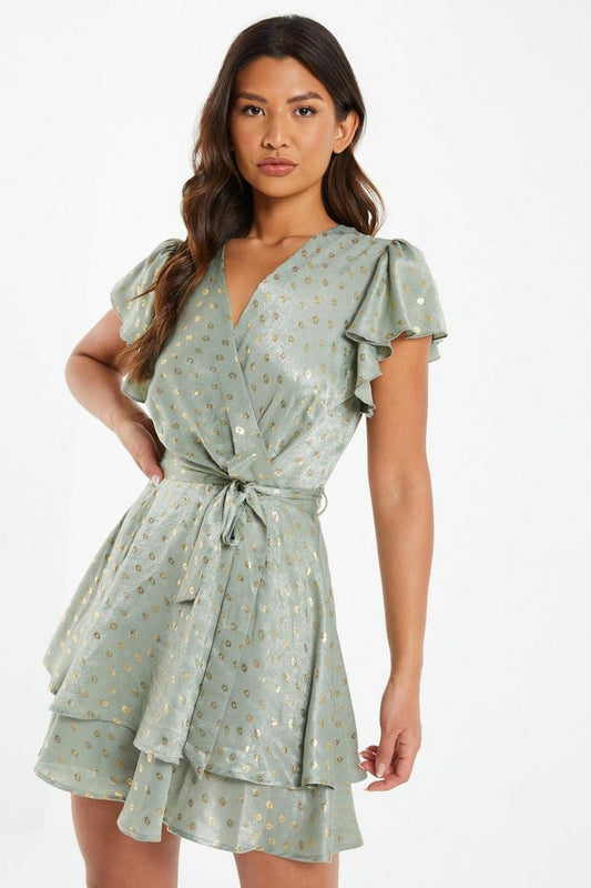 Khaki Satin Polka Dot Skater Dress
