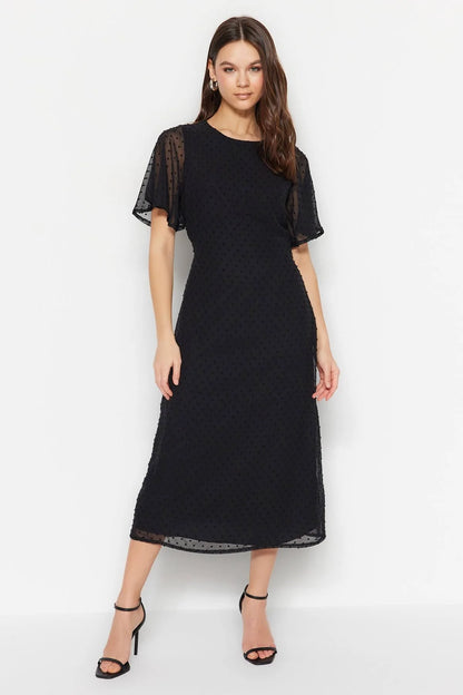 Black Woven Flared Sleeves Midi Dress