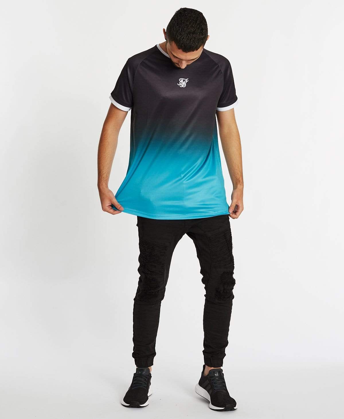 Raglan Straight Hem Fade T-Shirt Black/Teal