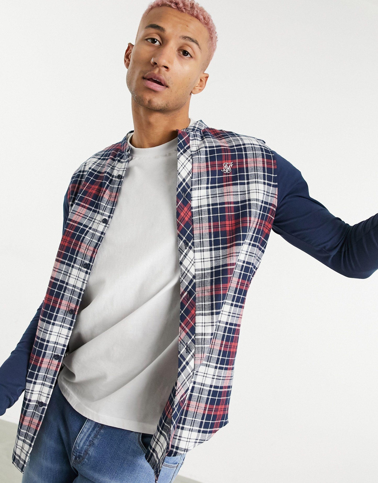 Flannel Check Grandad Collar Burgundy Mix