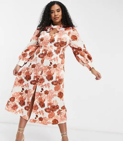 High Neck Midi Tea Dress in Rose Floral