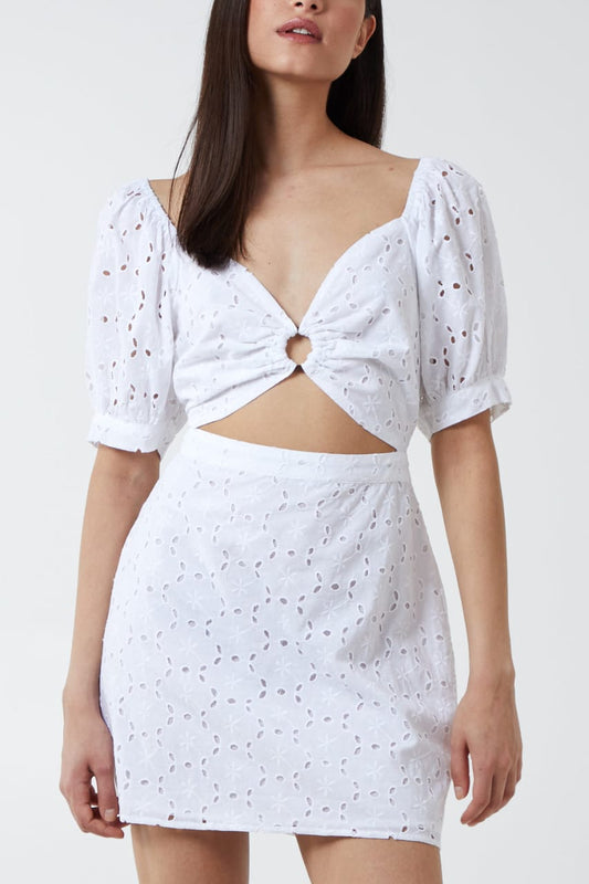 Puff Sleeve Ring Detail Embroidery Mini Dress