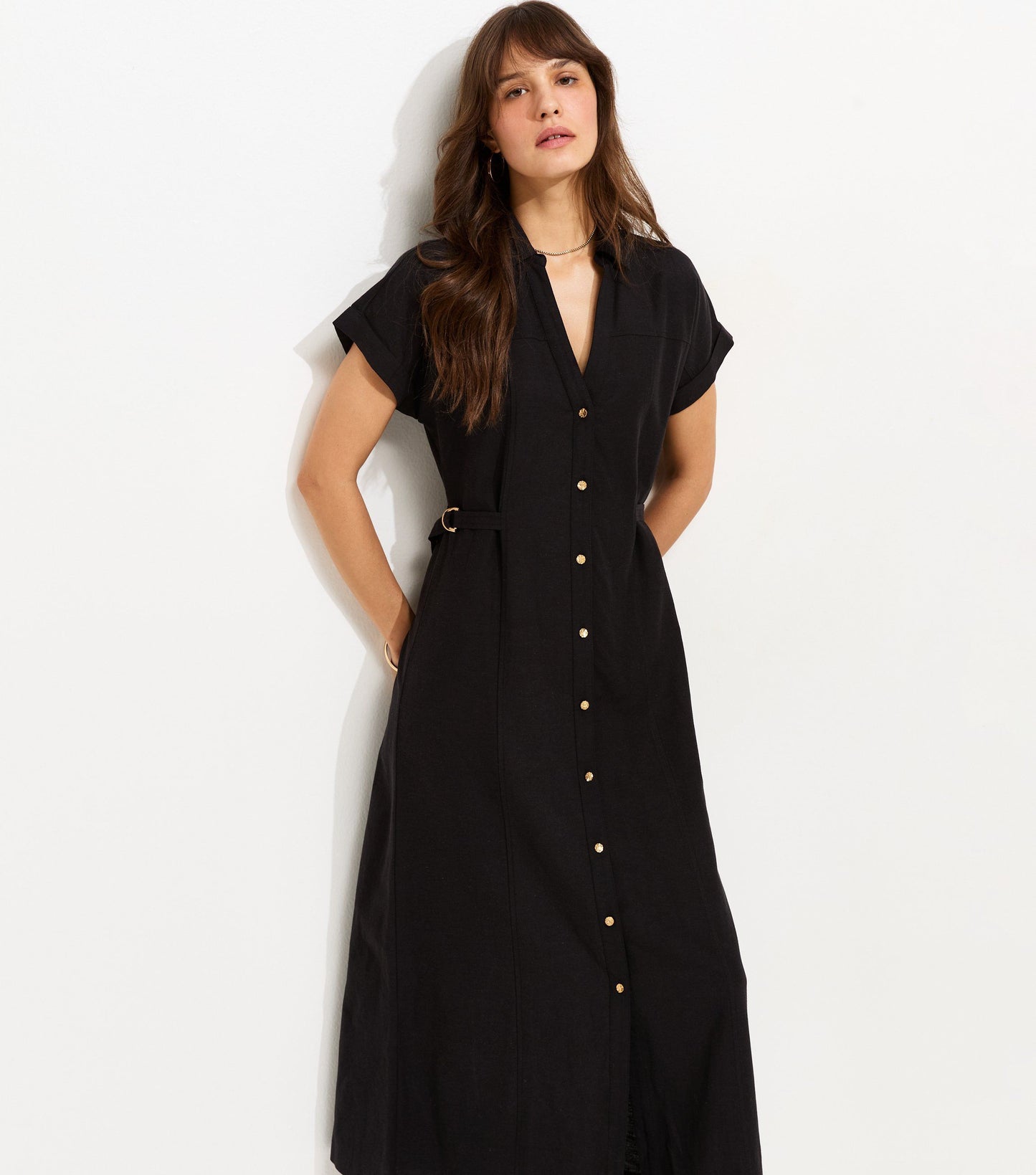 Woven Linen Belted Shirt Dress Black