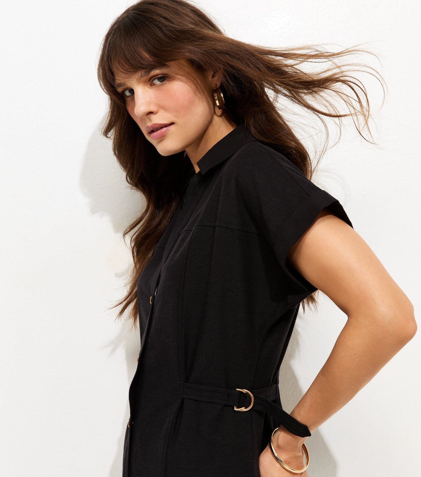 Woven Linen Belted Shirt Dress Black