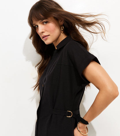 Woven Linen Belted Shirt Dress Black