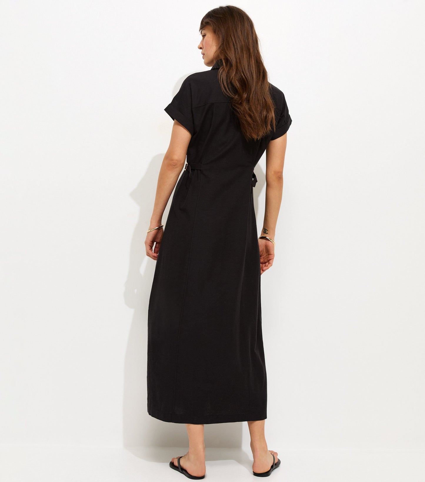 Woven Linen Belted Shirt Dress Black