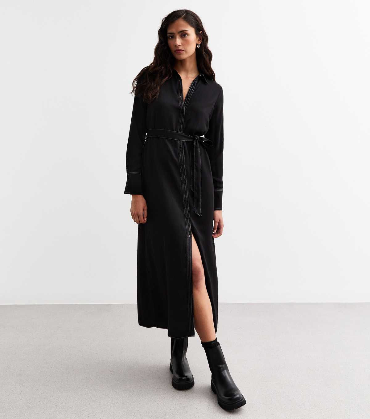 Black Stitched Midi Shirt Dress