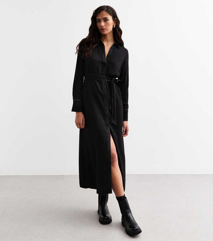 Black Stitched Midi Shirt Dress