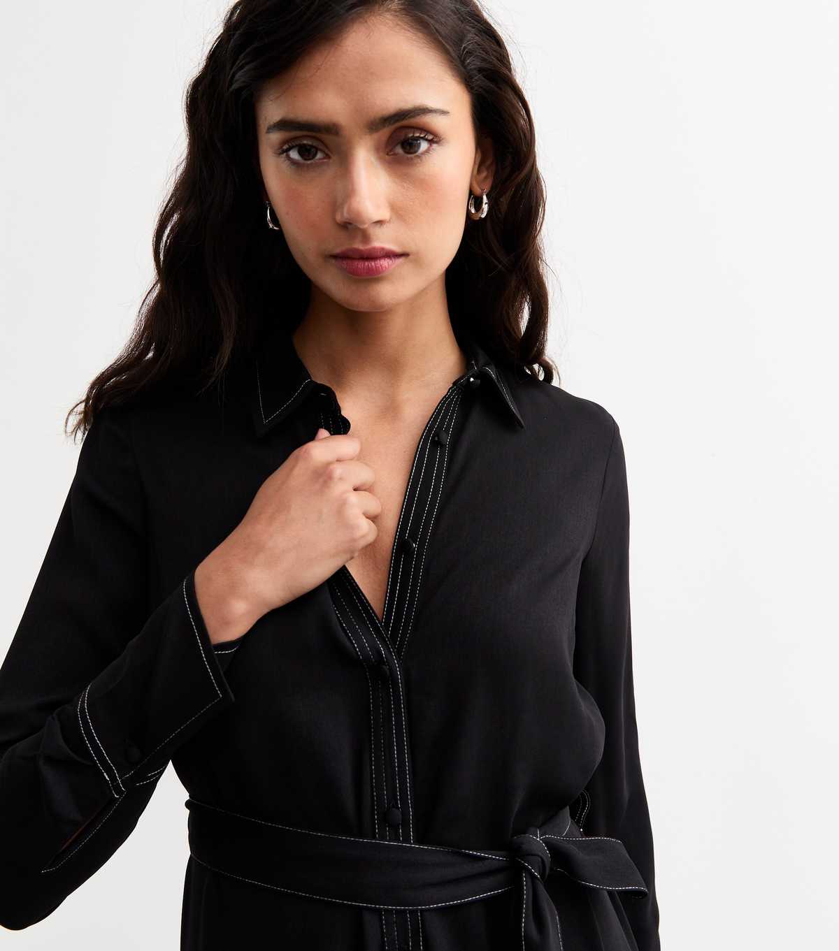 Black Stitched Midi Shirt Dress