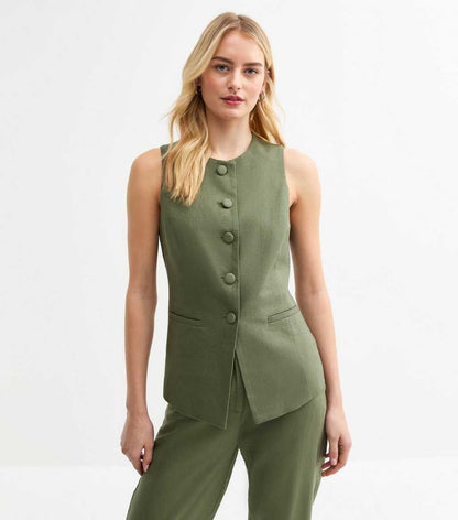Tall Khaki Linen Blend Waistcoat