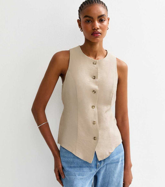 New Look Stone Sleeveless Crew Neck Waistcoat