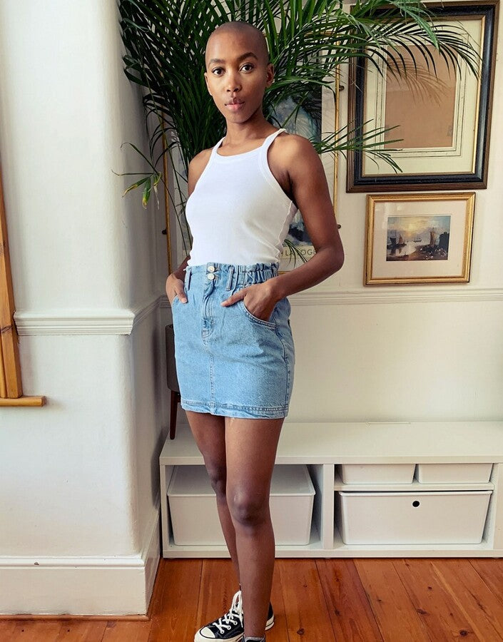 Paperbag Denim Skirt in Mid Blue