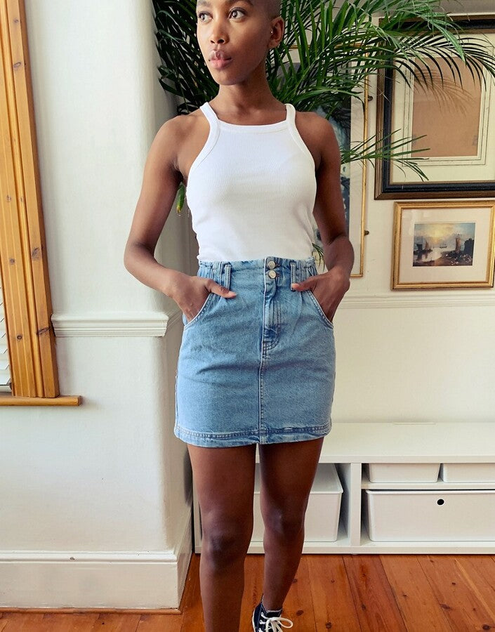 Paperbag Denim Skirt in Mid Blue