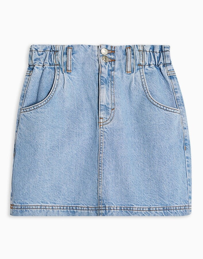 Paperbag Denim Skirt in Mid Blue