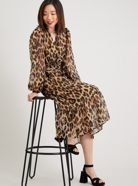 Brown Leopard Print Wrap Midi Dress