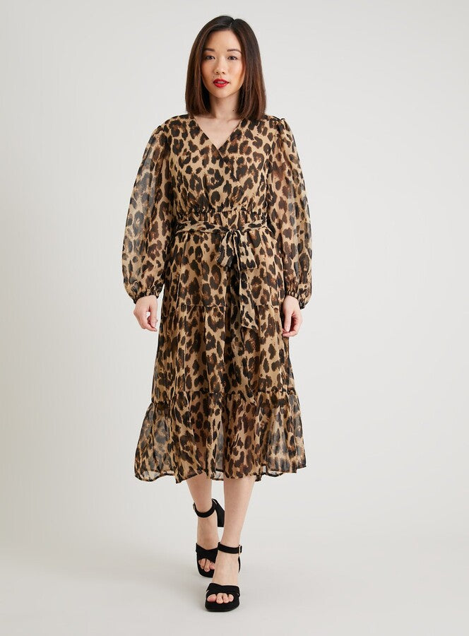 Brown Leopard Print Wrap Midi Dress