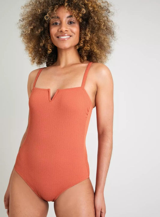 Rust V- Shape Textured Rub Swimsuit