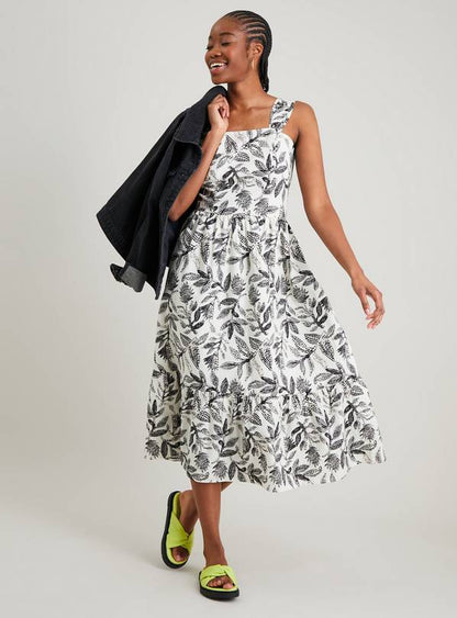 Mono Leaf Print Poplin Midi Sundress