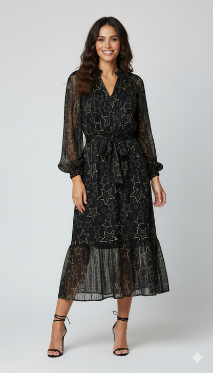 Black Star Print Sheer Midi Dress