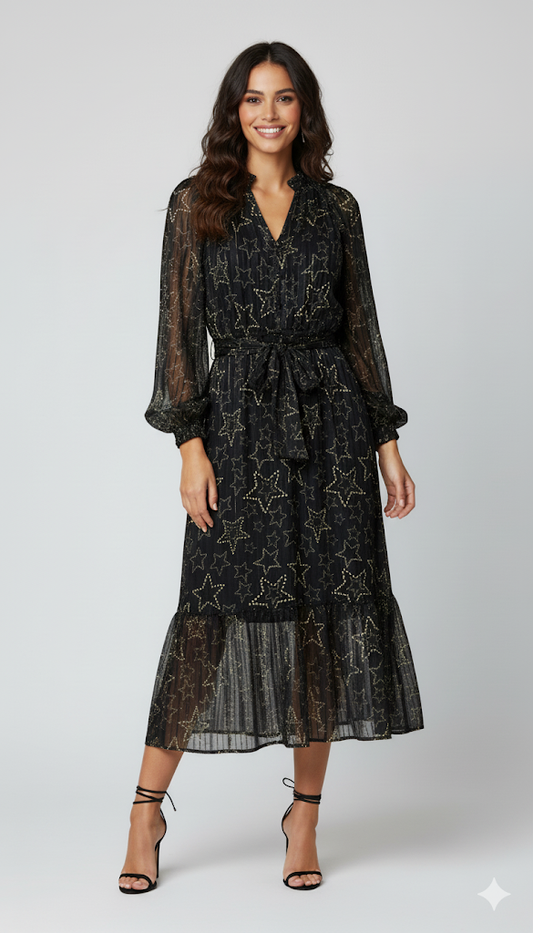Black Star Print Sheer Midi Dress