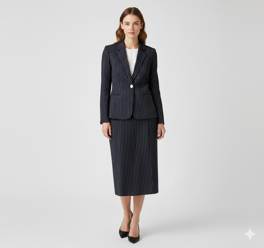 Navy Pinstripe Skirt Suit Set