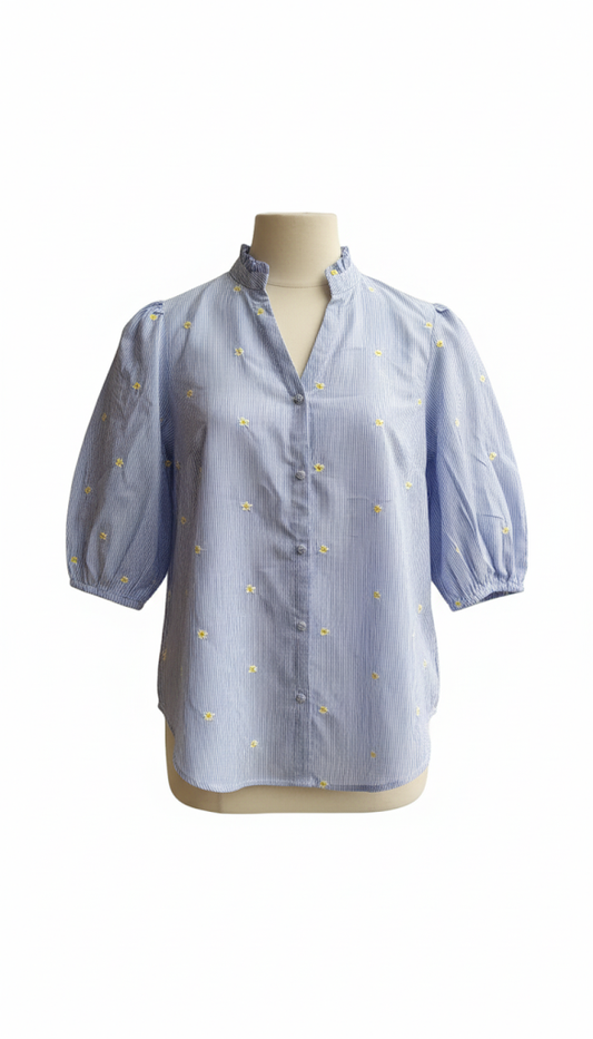 Love & Roses Blue Stripe Embroidery Detail 3/4 Sleeve Blouse