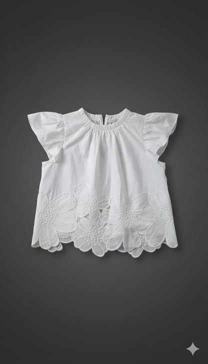 Bold Leaf Lace Border Top Cream