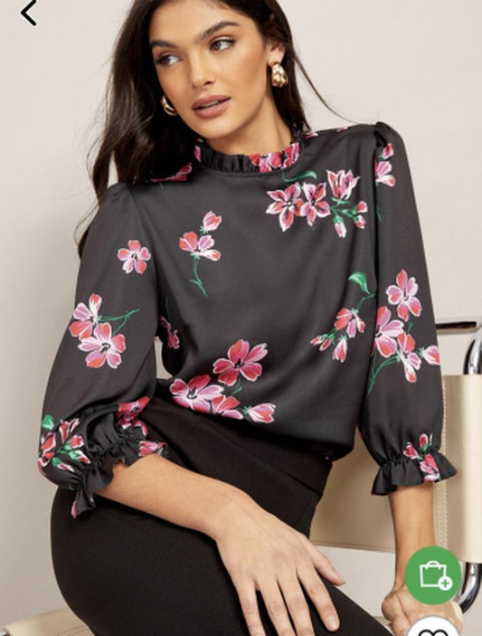 Floral High Neck Blouse Black