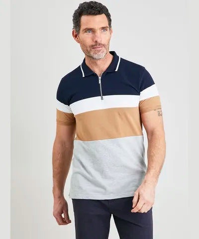 Navy & Tan Half Zip Polo Top
