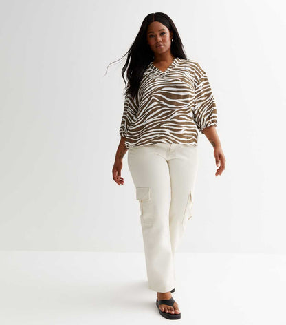 Curves Olive Zebra Print V Neck Top