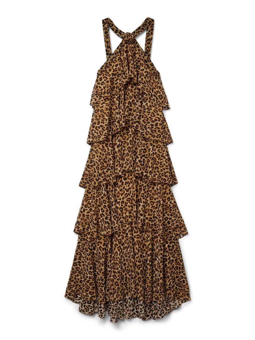 Vero Moda Leopard Print Ruffle Halter Neck Maxi Dress - Black - Multi