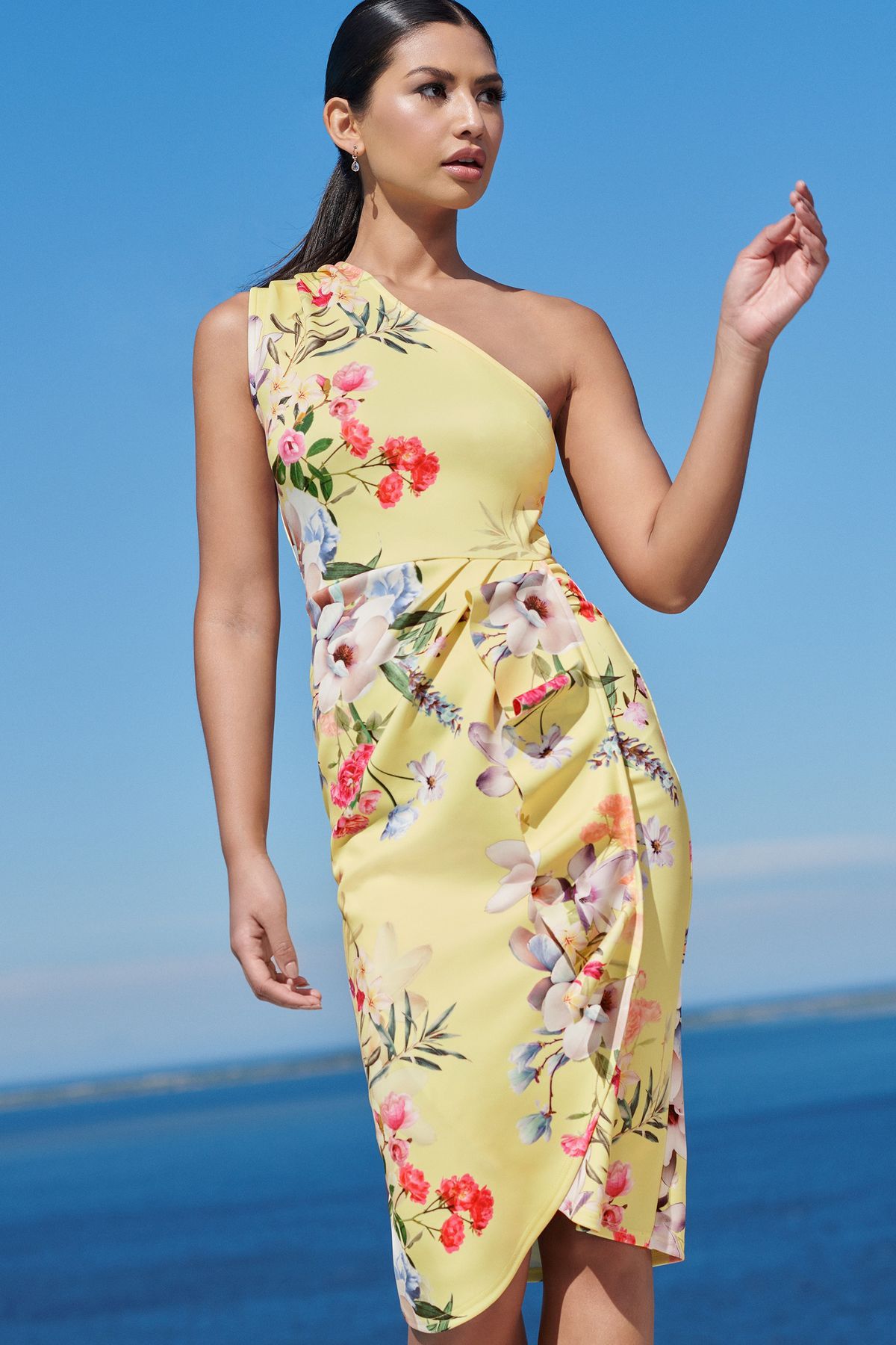 One Shoulder Floral Bodycon Dress Yellow