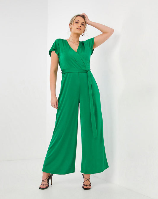 Green Slinky Wrap V Neck Jumpsuit
