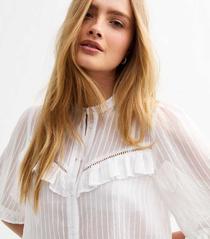New Look White Semi-sheer Frill Trim Striped Shirt