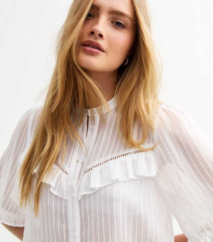New Look White Semi-sheer Frill Trim Striped Shirt