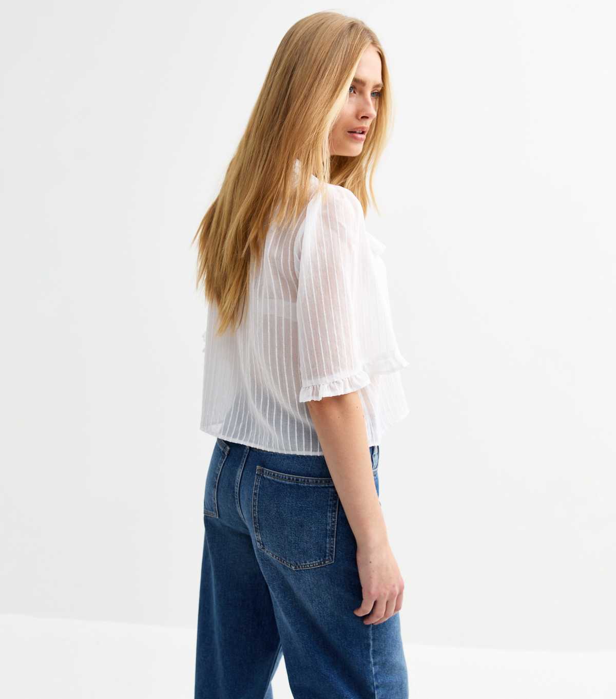 New Look White Semi-sheer Frill Trim Striped Shirt