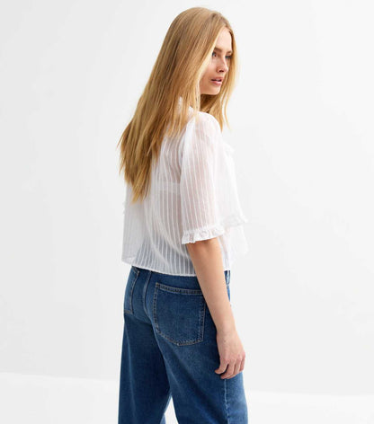 New Look White Semi-sheer Frill Trim Striped Shirt